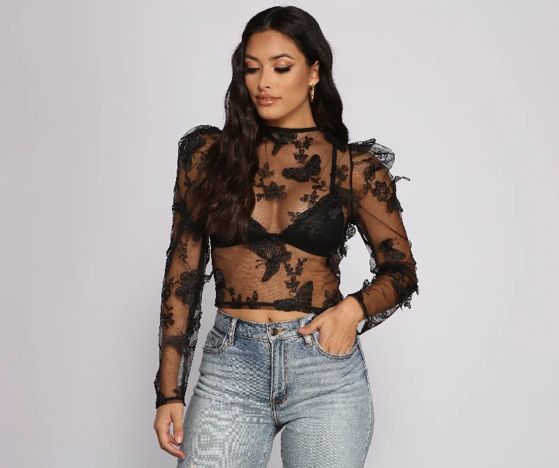 Ruffled Cuff Women Long Sleeve Top with a Feminine TouchFlutter Some Hearts Mesh Crop Top