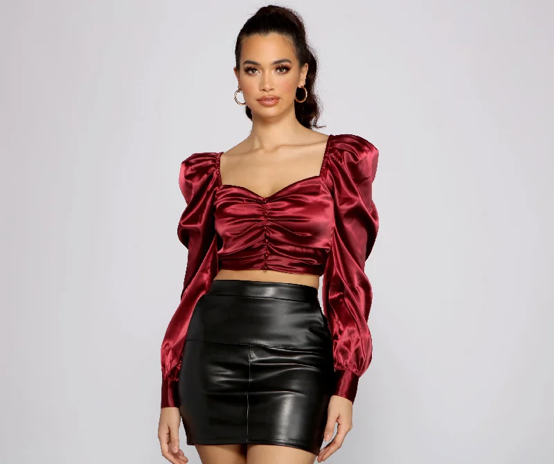 Metallic Accent Women Long Sleeve Top for a Glamorous LookFalling For You Puff Sleeve Satin Crop Top