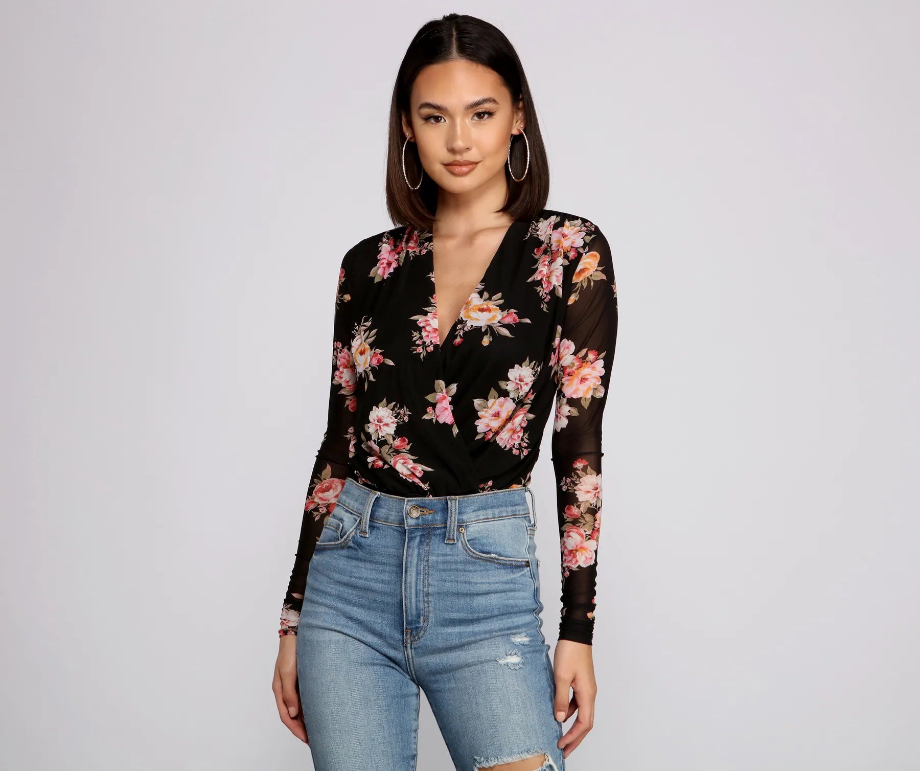 Metallic Accent Women Long Sleeve Top for a Glamorous LookFlirty Floral Mesh Bodysuit