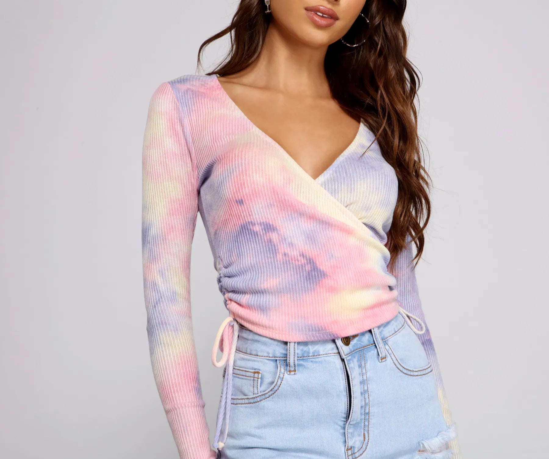 Button - Down Women Long Sleeve Top for a Classic StyleTie Dye Ribbed Knit Drawstring Top