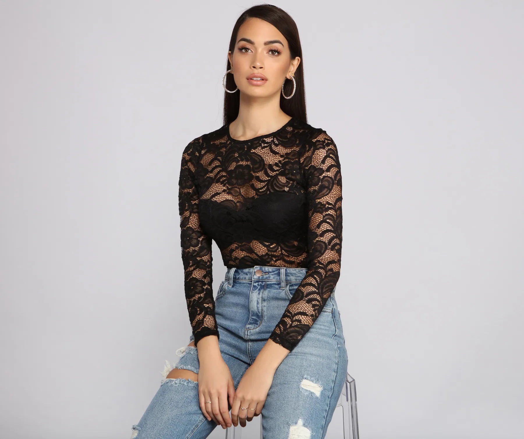 Lightweight Women Long Sleeve Top for Spring and AutumnStylishly Sheer Lace Bodysuit