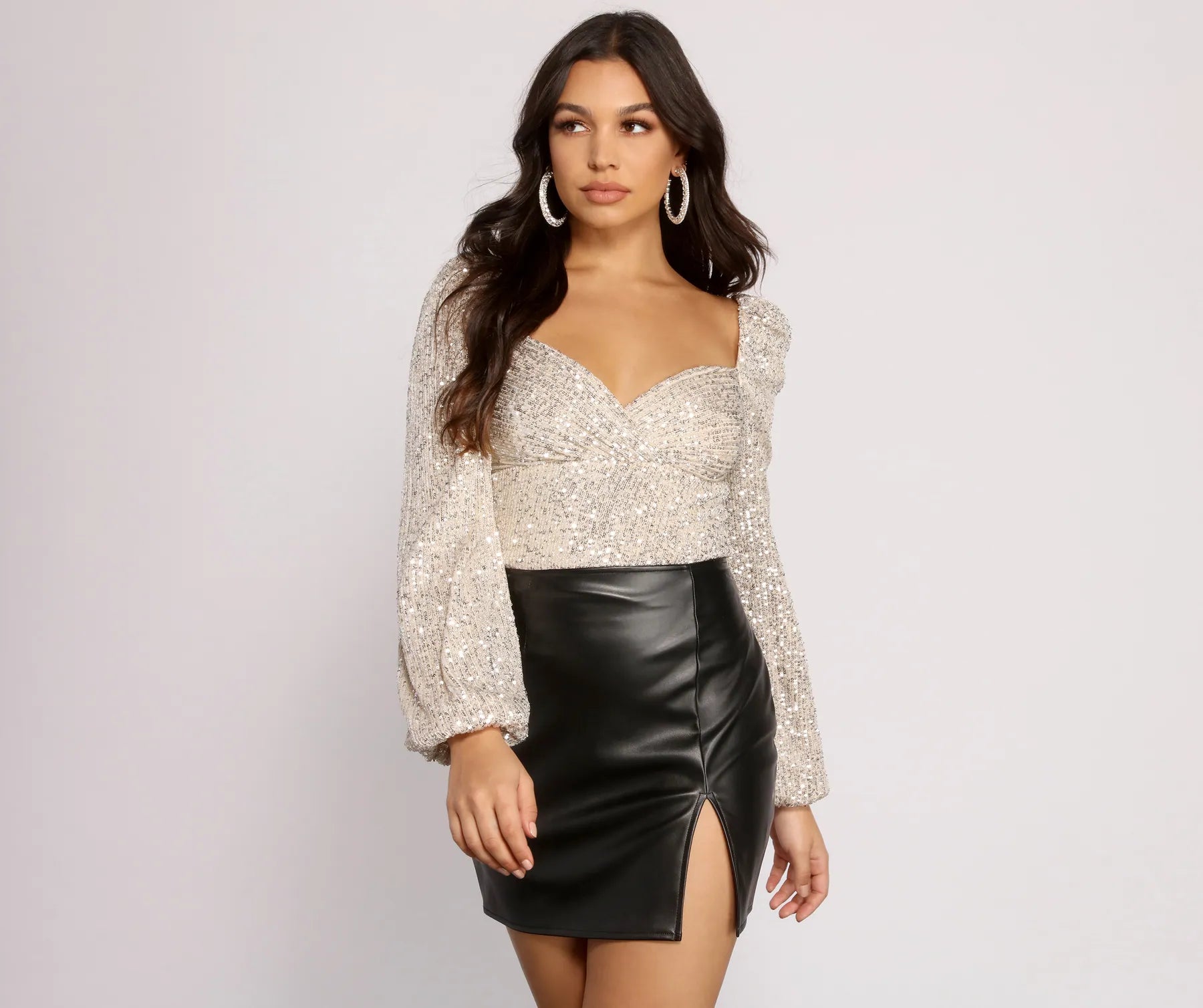 Wrap - Style Women Long Sleeve Top for a Versatile FitAll that Glow Puff Sleeve Sequin Bodysuit