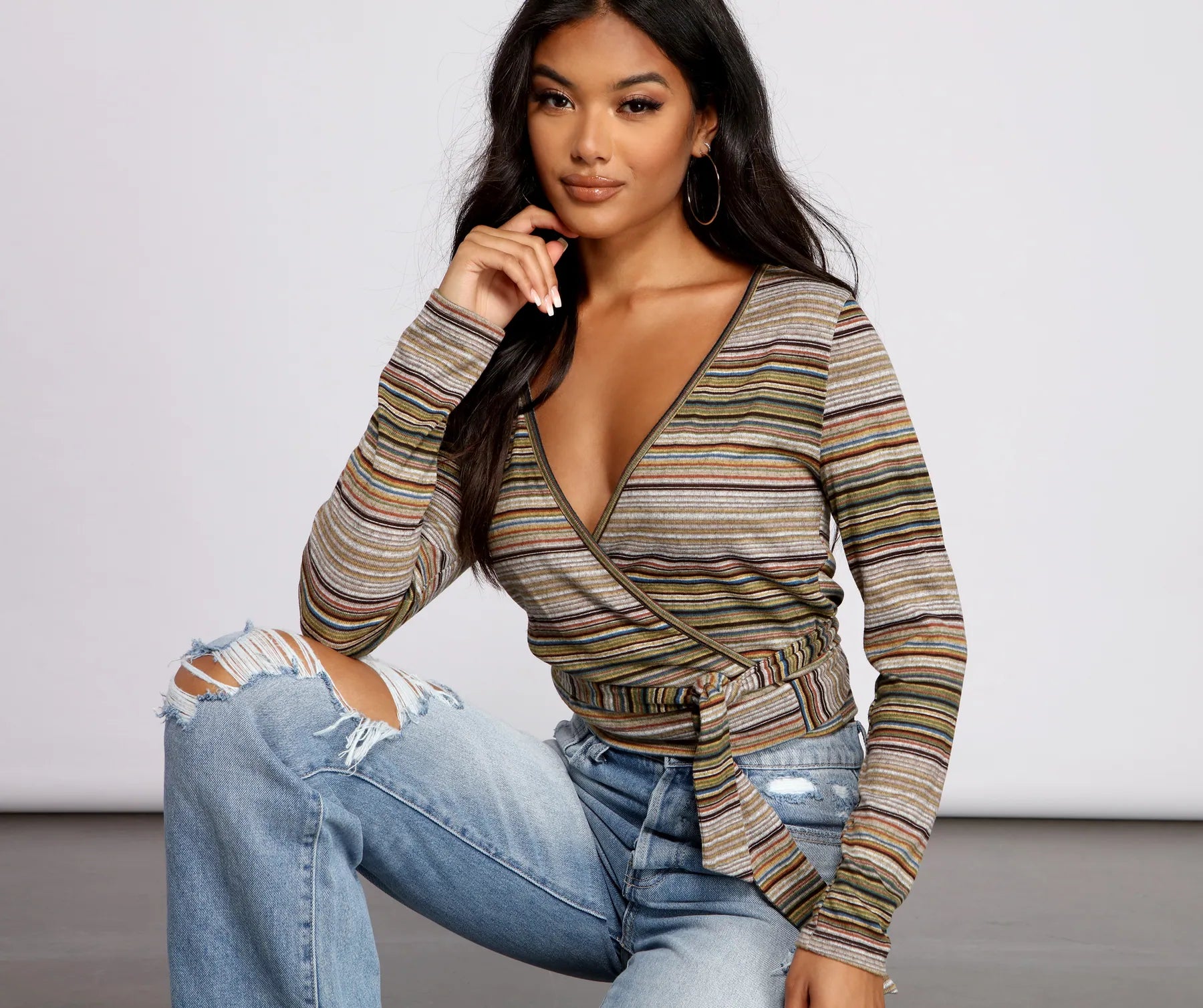 Lightweight Women Long Sleeve Top for Spring and AutumnWrapped In Stripes Brushed Knit Top