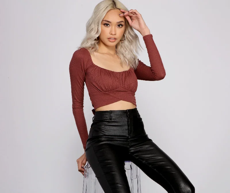 Ribbed Women Long Sleeve Top with a Textured AppealTie Back Ribbed Knit Crop Top