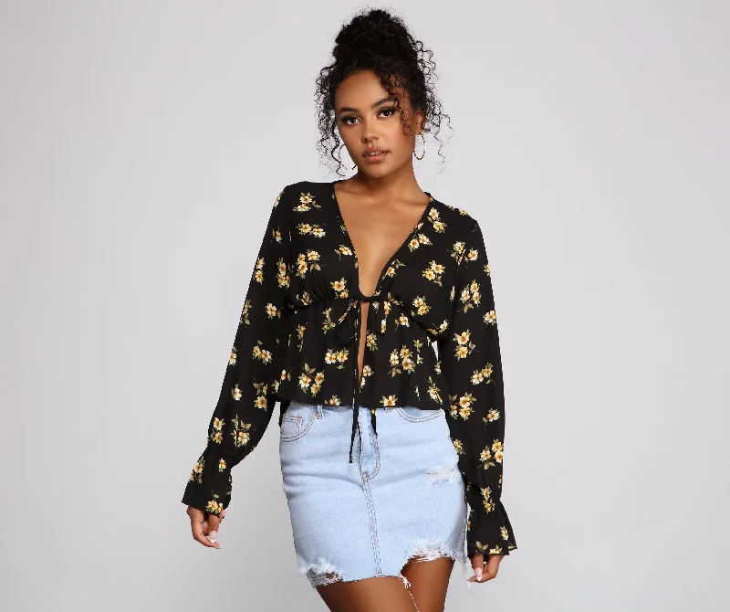 Floral Printed Women Long Sleeve Top for a Romantic LookFall In Love With Floral Tie-Front Blouse