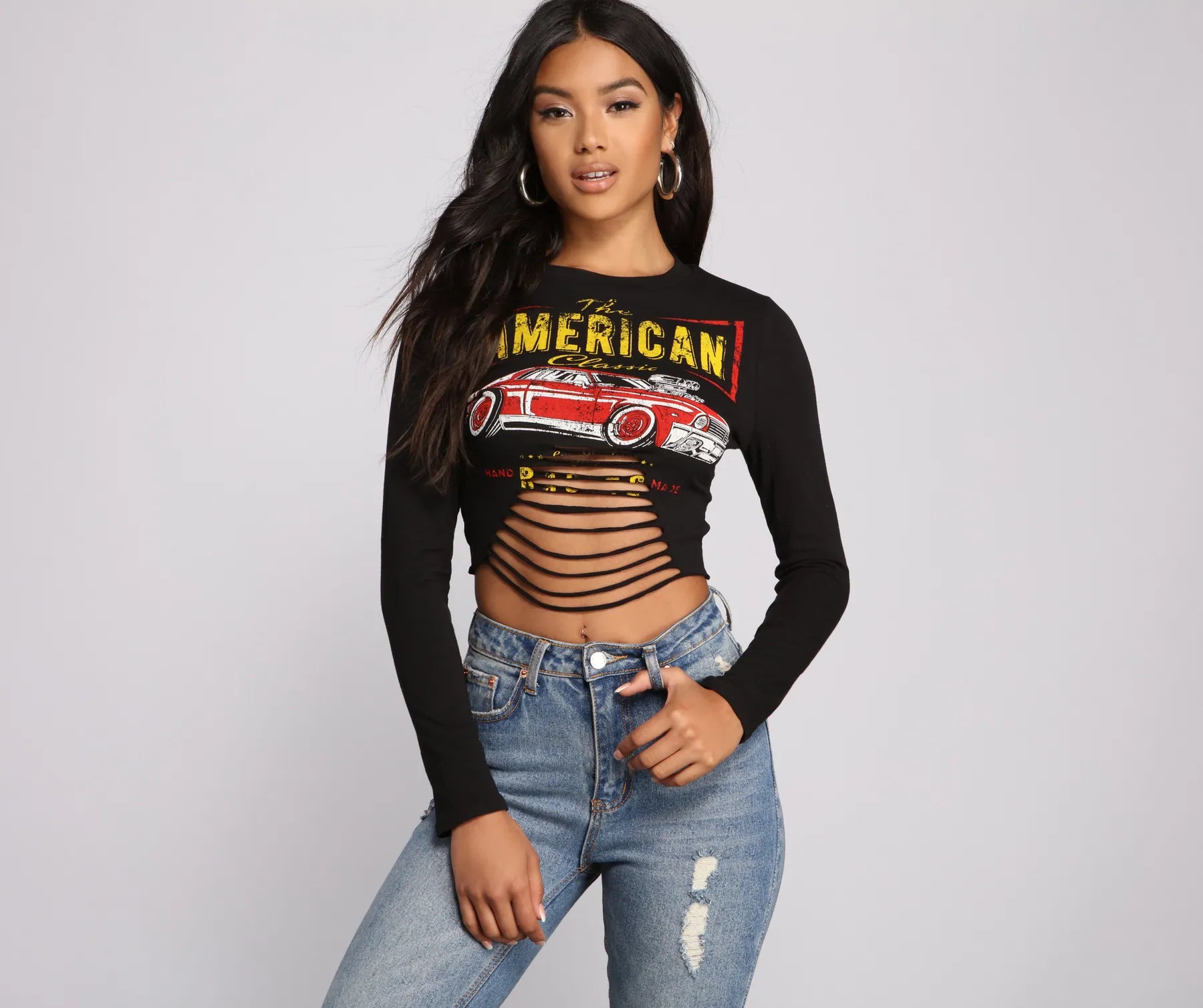 Wrap - Style Women Long Sleeve Top for a Versatile FitAmerican Classic Graphic Crop Top