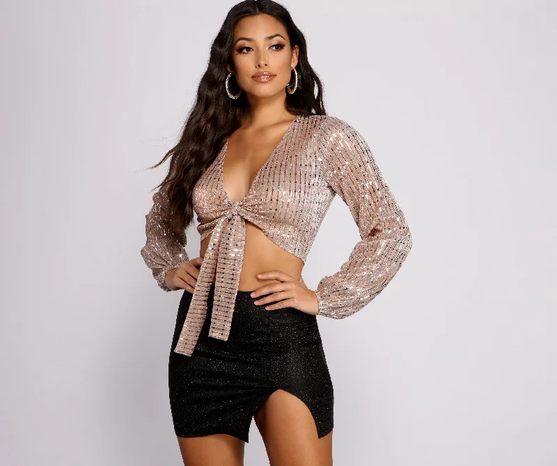 Cropped Women Long Sleeve Top to Pair with High - Waisted BottomsFab Sequin Tie Front Top