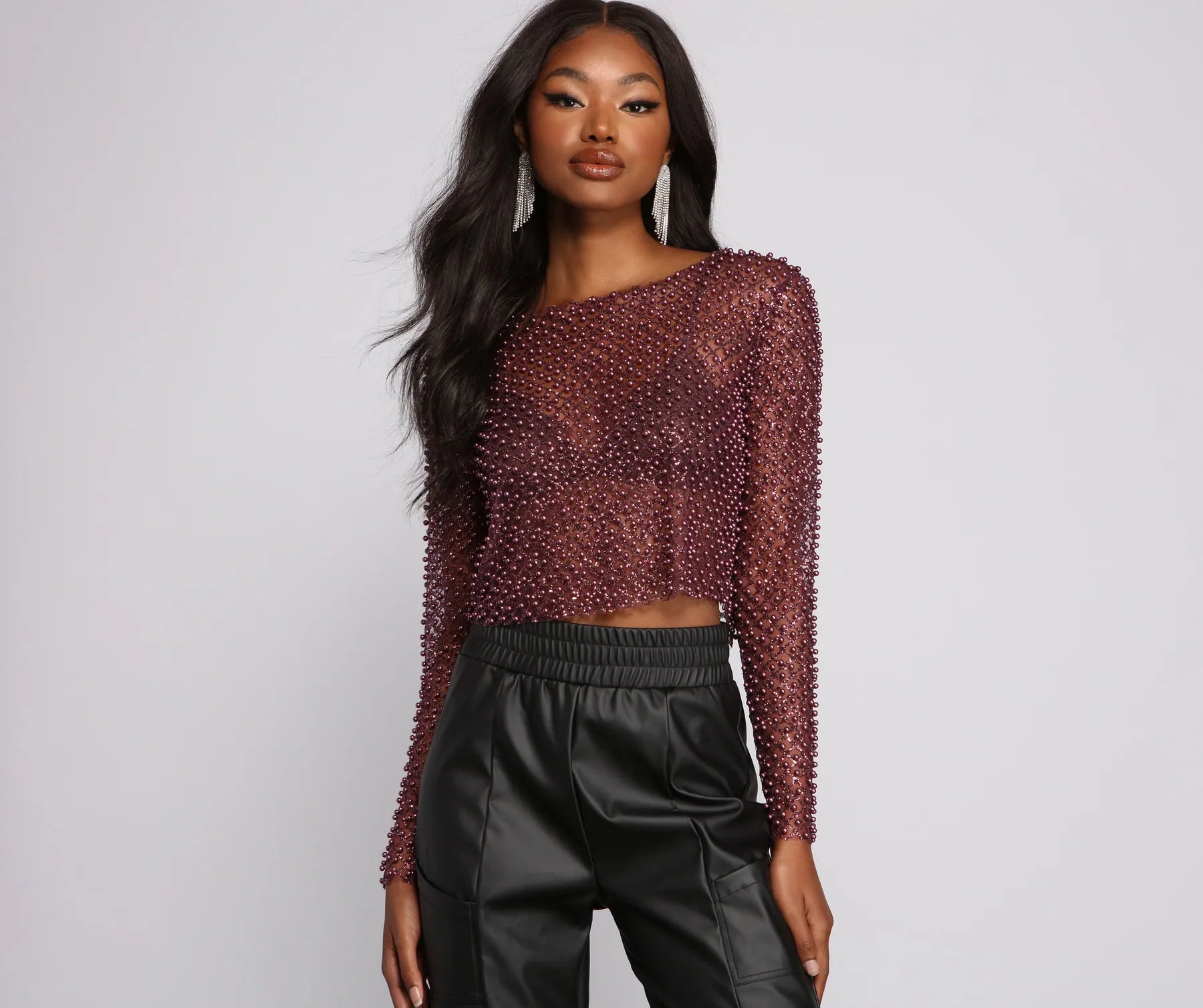 Puffer - Sleeve Women Long Sleeve Top for a Fashion - Forward LookFeelin' Glamorous Glitter Mesh Crop Top