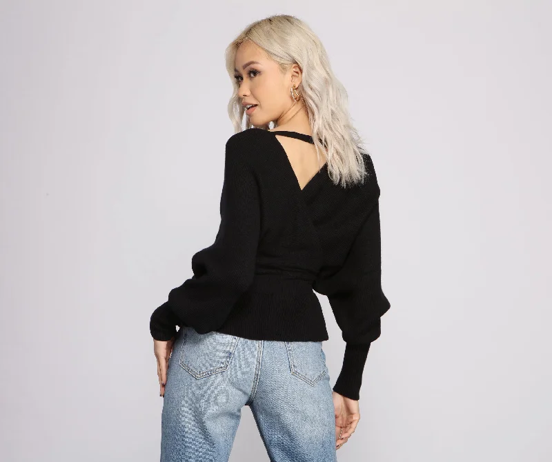 Cropped Women Long Sleeve Top to Pair with High - Waisted BottomsCozy And Casual Peplum Sweater