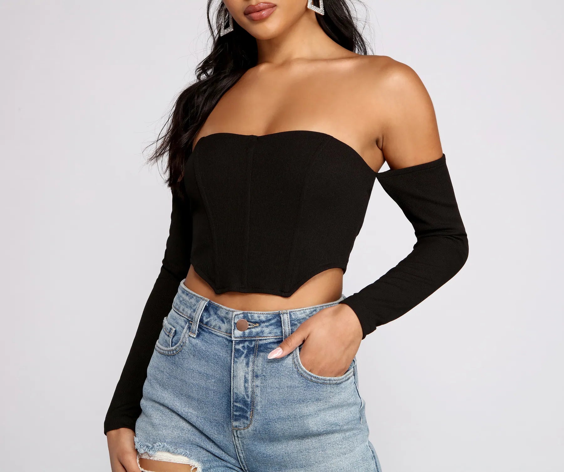 Mock Neck Women Long Sleeve Top for a Modern AestheticOff The Shoulder Ribbed Knit Crop Top