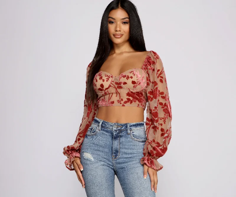 Floral Printed Women Long Sleeve Top for a Romantic LookRomantic Vibes Floral Burn Out Crop Top