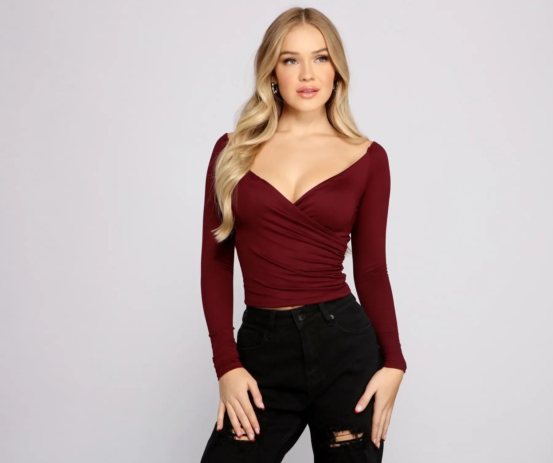 Cropped Women Long Sleeve Top to Pair with High - Waisted BottomsKeeping Knit Basic Surplice Wrap Top