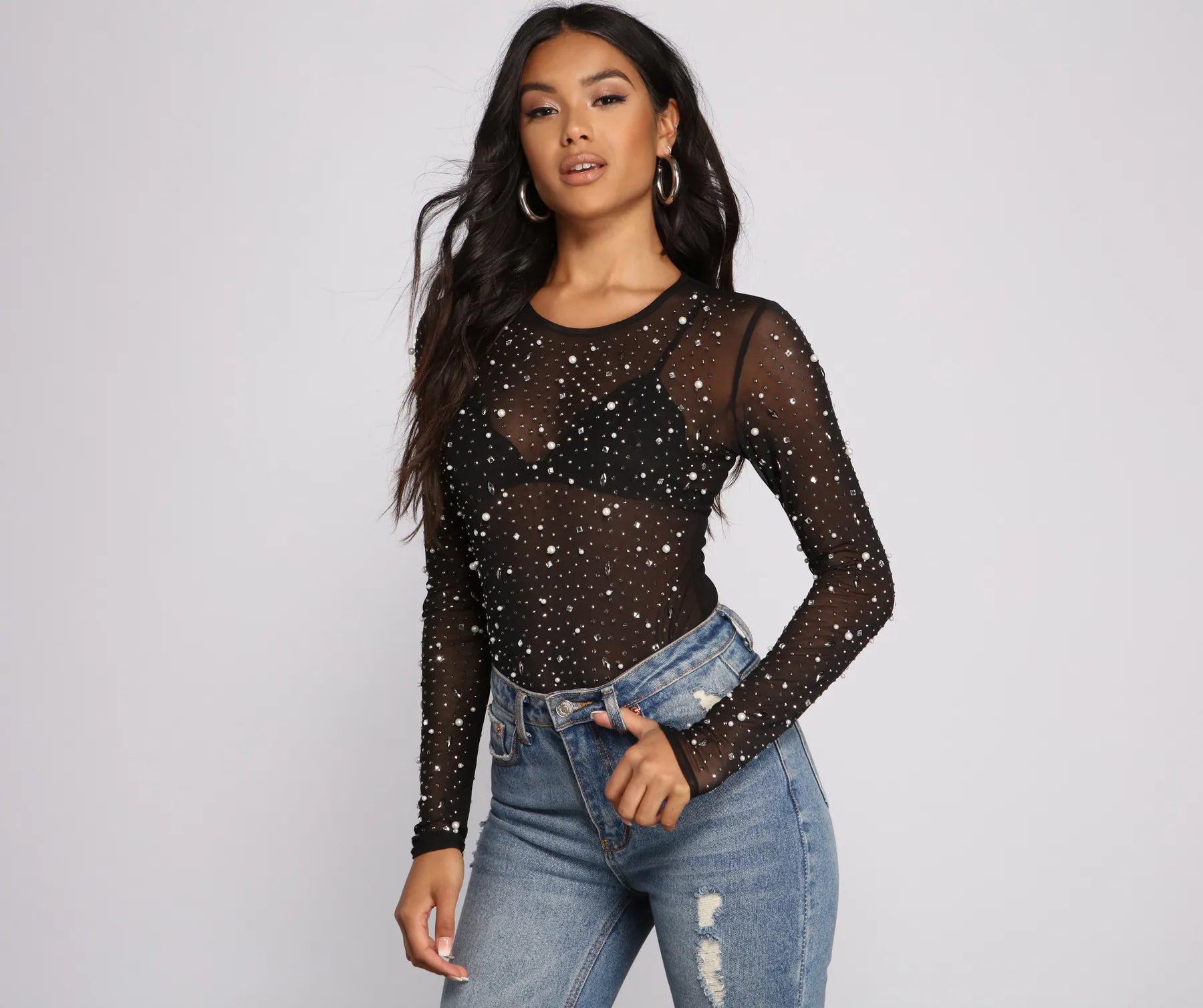 Plaid Women Long Sleeve Top for a Preppy VibeGlam Goals Mesh Rhinestone and Pearl Bodysuit