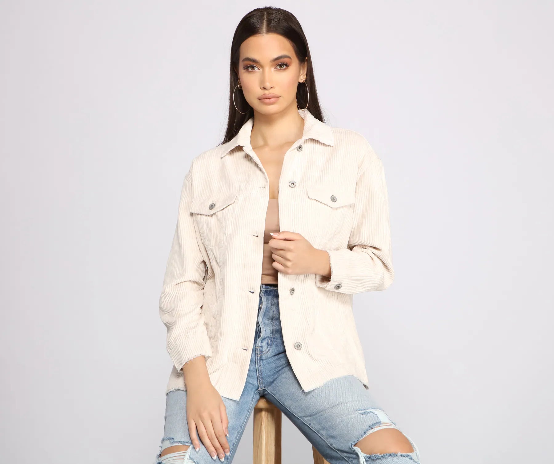 Cropped Women Long Sleeve Top to Pair with High - Waisted BottomsTrendy Corduroy Button-Up Shacket