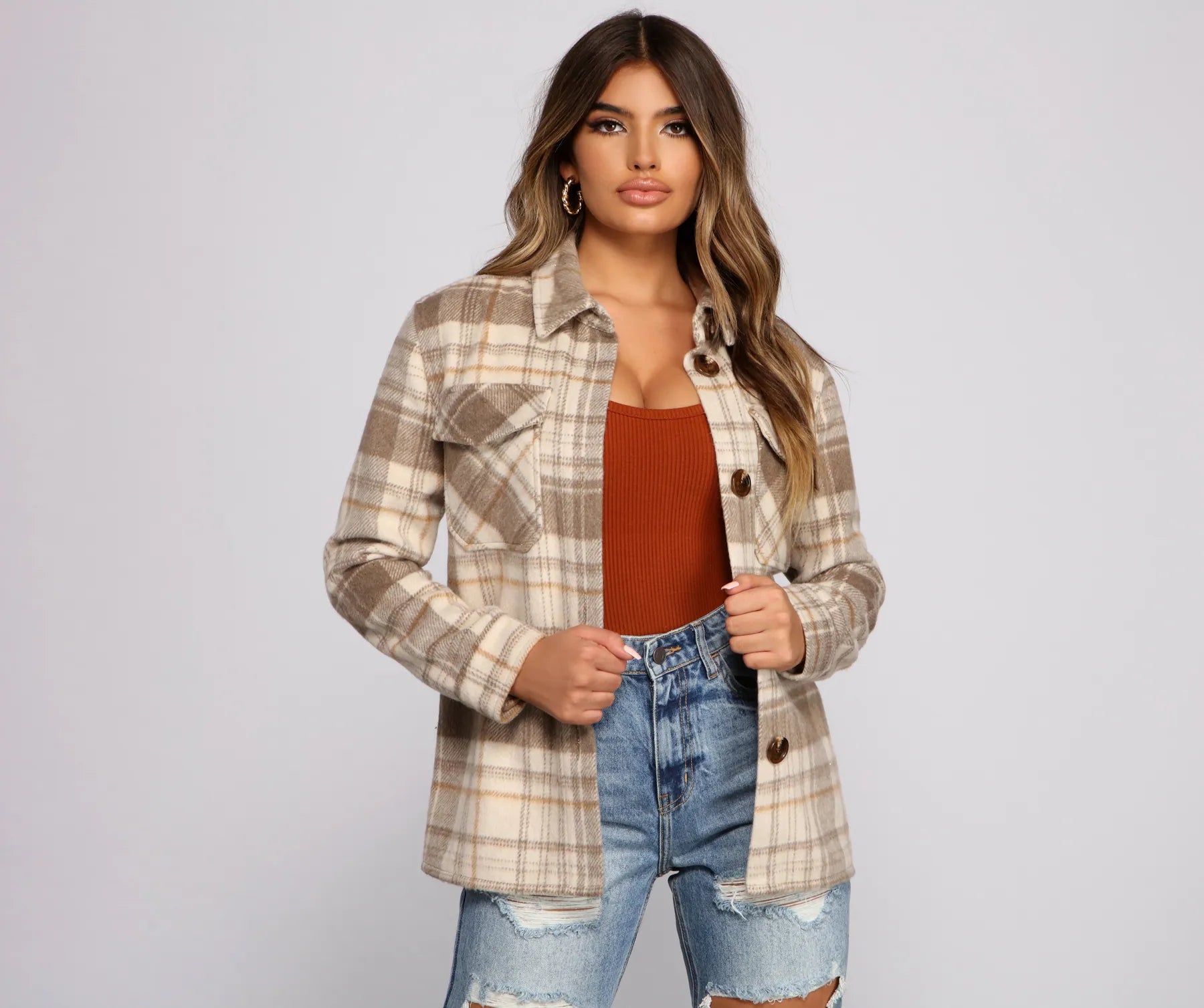 Plaid Women Long Sleeve Top for a Preppy VibeCozy Plaid Oversized Shacket