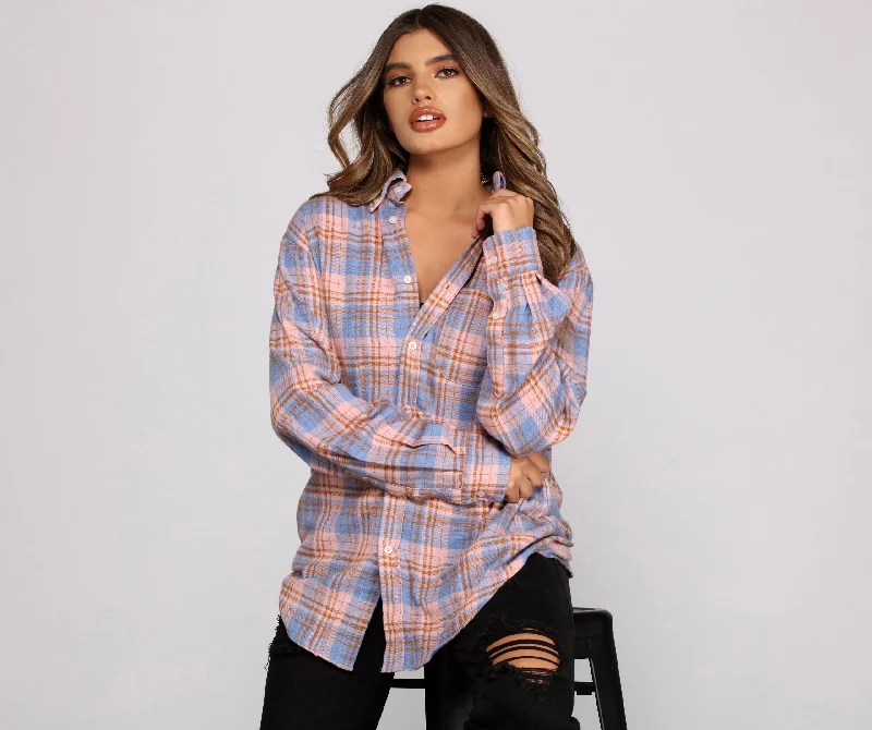 Pocket - Equipped Women Long Sleeve Top for Added FunctionalityEffortlessly Edgy Mood Button-Up Flannel Tunic