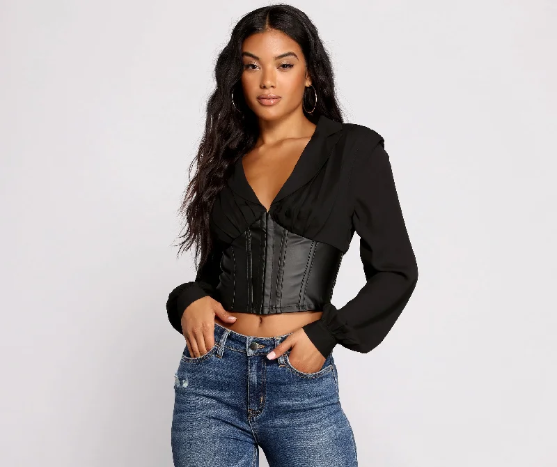 Button - Down Women Long Sleeve Top for a Classic StyleStunning Satin and Faux Leather Corset Crop Top