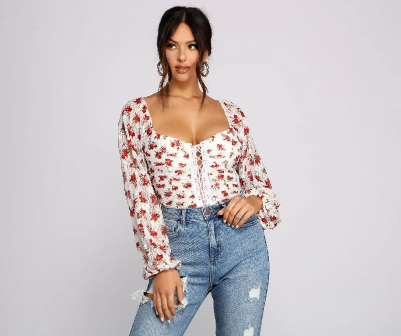 Ribbed Women Long Sleeve Top with a Textured AppealLace and Love Floral Bodysuit