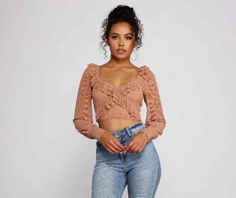 Ribbed Women Long Sleeve Top with a Textured AppealFlirty Flair Ruffle Detail Crop Top