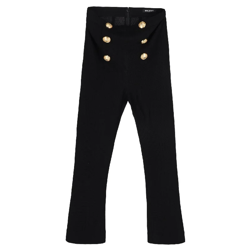 Balmain High Waist Button Detail Cropped Pants in Black Polyester