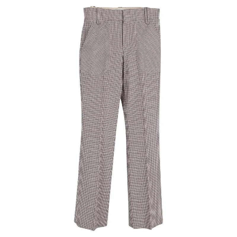 Chloe Houndstooth Print Straight-Leg Trousers in Brown Wool