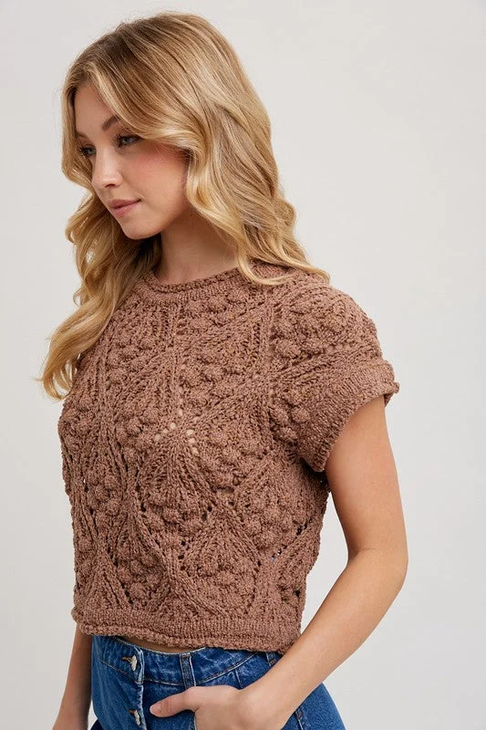 Open - Front Women Sweater for Easy LayeringOpen - Front Women Sweater for Easy LayeringAnnalise Short Sleeve Crochet Cropped Sweater Top Brown