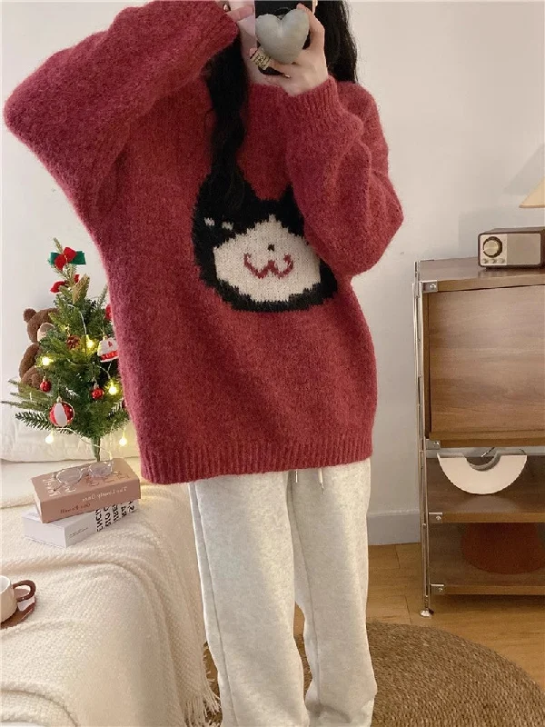 Organic Cotton Women Sweater for an Eco - Friendly ChoiceOrganic Cotton Women Sweater for an Eco - Friendly ChoiceCartoon cat embroidery soft sweater for women New Year red sweater top    S5058