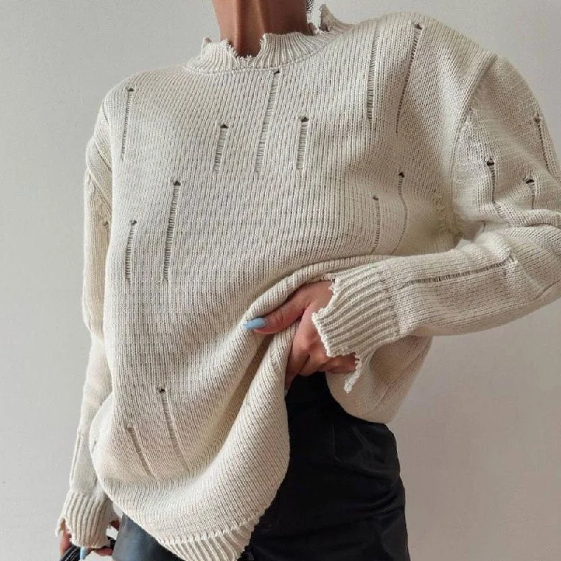 Mock - Neck Women Sweater for a Modern TwistMock - Neck Women Sweater for a Modern TwistRugged Frayed Crew Neck Drop Shoulder Long Sleeve Oversized Ripped Knit Sweater