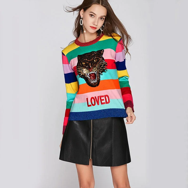 Oversized Women Sweater for a Cozy and Fashionable LookOversized Women Sweater for a Cozy and Fashionable LookRunway Design Tiger Sequins Embroidered Women Sweater