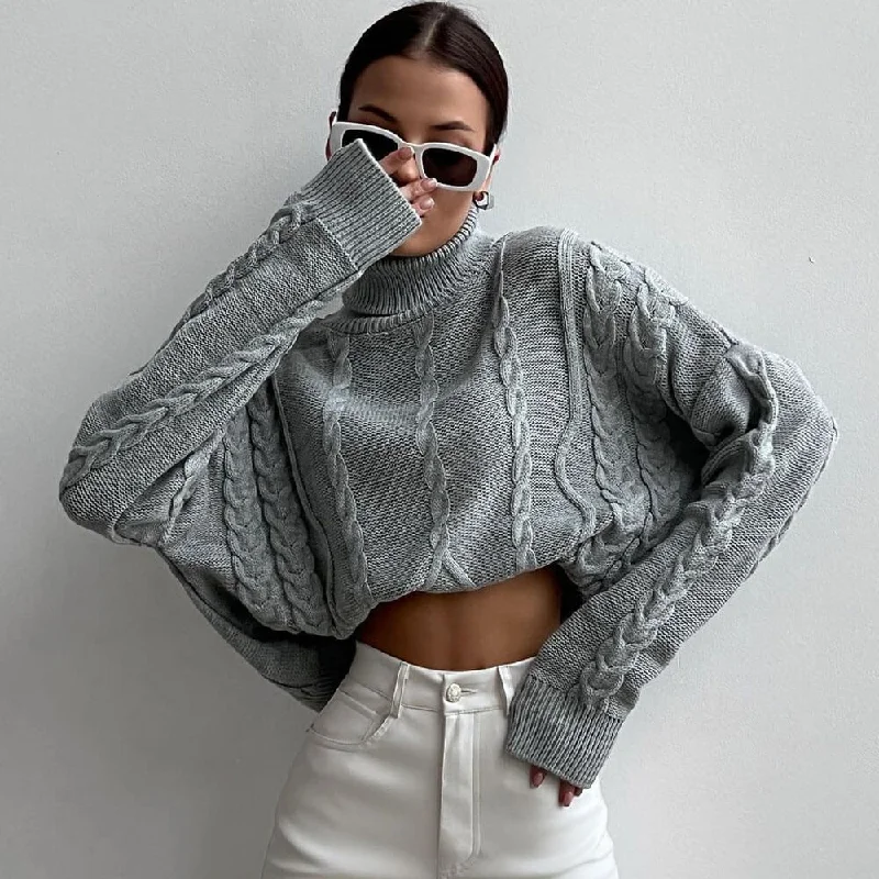 Lightweight Women Sweater for Spring and FallLightweight Women Sweater for Spring and FallStreet Style Turtleneck Drop Shoulder Long Sleeve Oversized Cable Knit Sweater