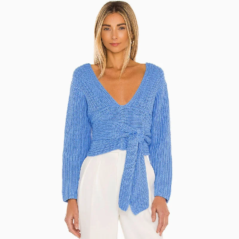 Cropped Women Sweater to Pair with High - Waisted BottomsCropped Women Sweater to Pair with High - Waisted BottomsTrendy Long Sleeve Self Tie Deep V Knit Sweater - Blue