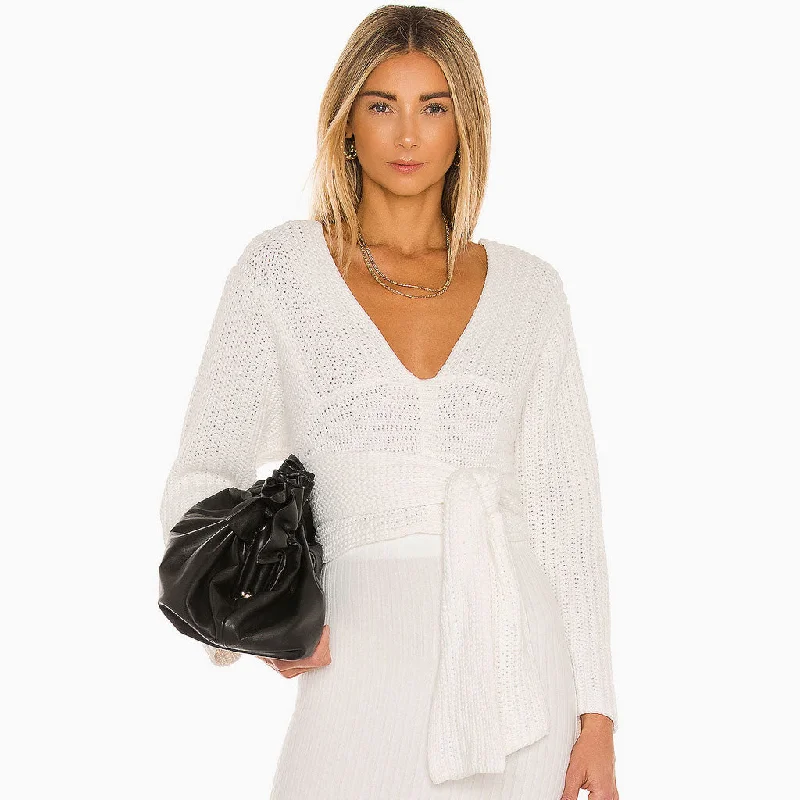 Button - Down Women Sweater for a Versatile LookButton - Down Women Sweater for a Versatile LookTrendy Long Sleeve Self Tie Deep V Knit Sweater - White