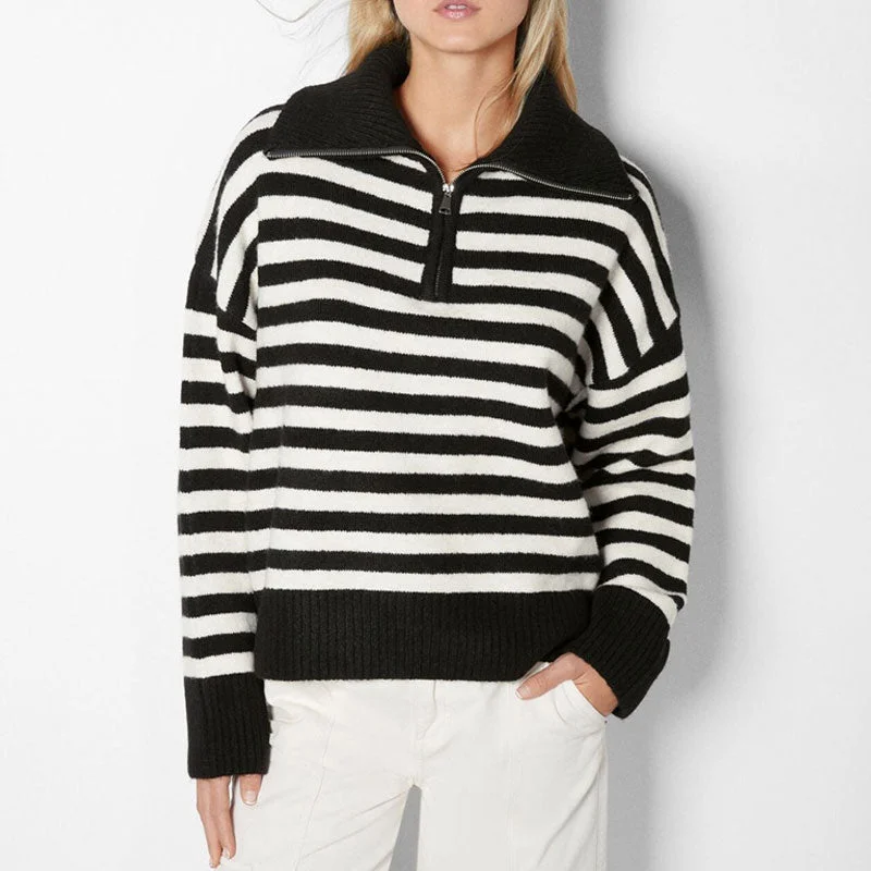 Cashmere Women Sweater with a Luxurious Soft TouchCashmere Women Sweater with a Luxurious Soft TouchVintage Rib Knit Oversized Collared Half Zip Up Long Sleeve Black and White Striped Sweater