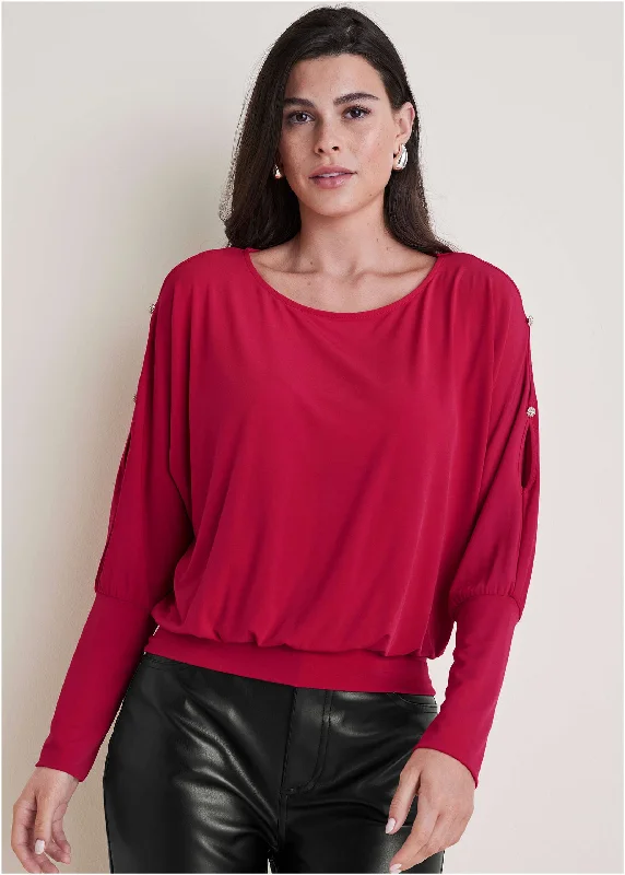 Open - Front Women Sweater for Easy LayeringOpen - Front Women Sweater for Easy LayeringBling Cold-Shoulder Blouse - Barberry