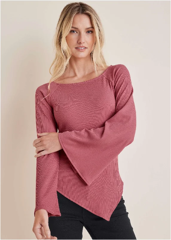 Open - Front Women Sweater for Easy LayeringOpen - Front Women Sweater for Easy LayeringRibbed Bell Sleeve Top - Mineral Red