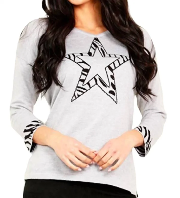 Plus - Size Women Sweater with a Flattering FitPlus - Size Women Sweater with a Flattering Fit3/4 Star Sleeve V-Neck Sweater In Silver