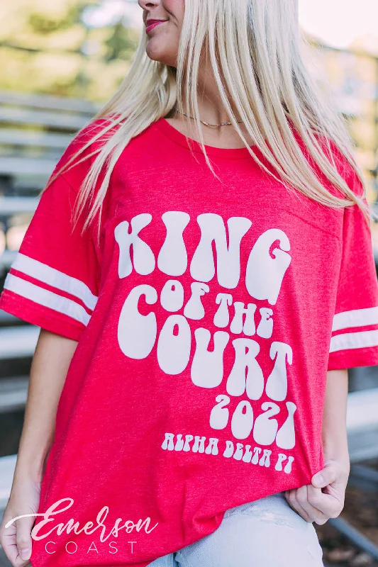 Distressed Women T Shirt with a Laid - Back AestheticAlpha Delta Pi King of the Court Jersey Tee