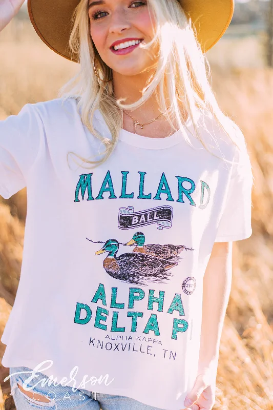 Crew Neck Women T Shirt with a Timeless DesignAlpha Delta Pi Mallard Ball Raw Edge Tee