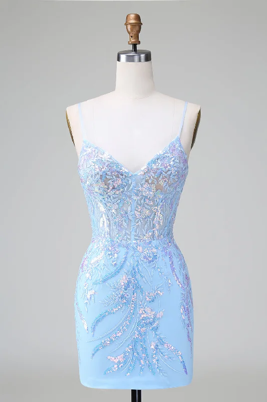 Mini Women Dress with a Short Hem for a Young and Trendy StyleBlue Sequins Corset Open Back Short Homecoming Dress with Embroidery