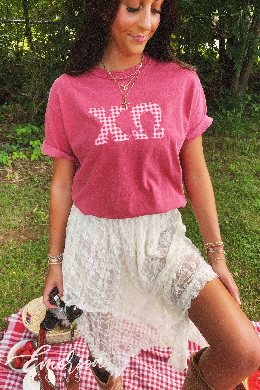 Floral Print Women T Shirt for a Feminine TouchChi Omega Red Gingham Letters Short Sleeve Tee