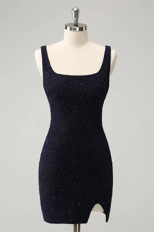 Empire Waist Women Dress to Accentuate the Bust and Conceal the WaistSparkly Dark Blue Square Neck Bodycon Mini Homecoming Dress With Slit