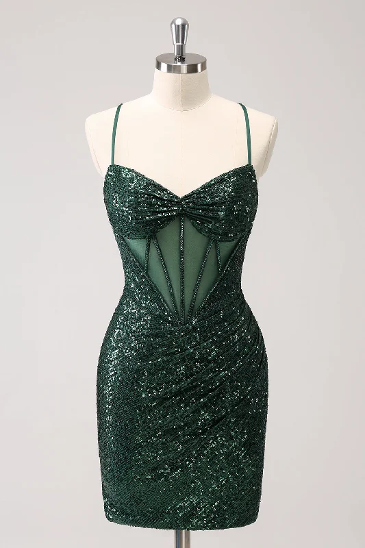 Shift Women Dress with a Simple and Classic Design for Everyday WearDark Green Bodycon Spaghetti Straps Corset Short Homecoming Dress with Sequins