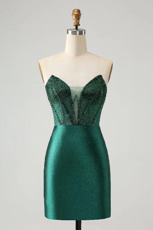 Pleated Women Dress with a Timeless and Elegant TextureDark Green Bodycon Strapless Corset Short Homecoming Dress