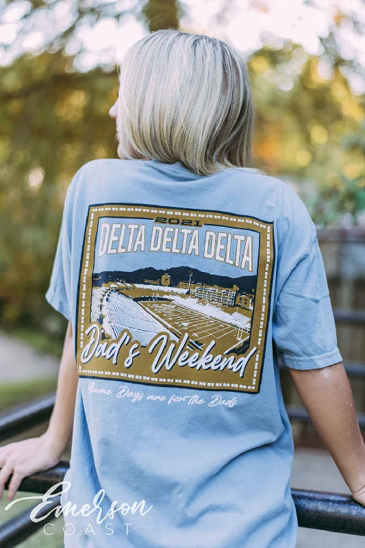 Tie - Dye Women T Shirt with a Bohemian VibeDelta Delta Delta Dad's Weekend T-shirt