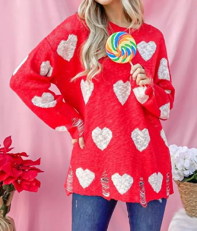 Striped Women Sweater with a Timeless PatternStriped Women Sweater with a Timeless PatternDistressed Sweater With Hearts In Red