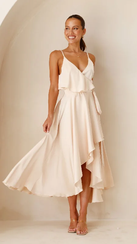 Strapless Women Dress with a Built - in Bra for Comfort and SupportGabriella Midi Dress - Champagne