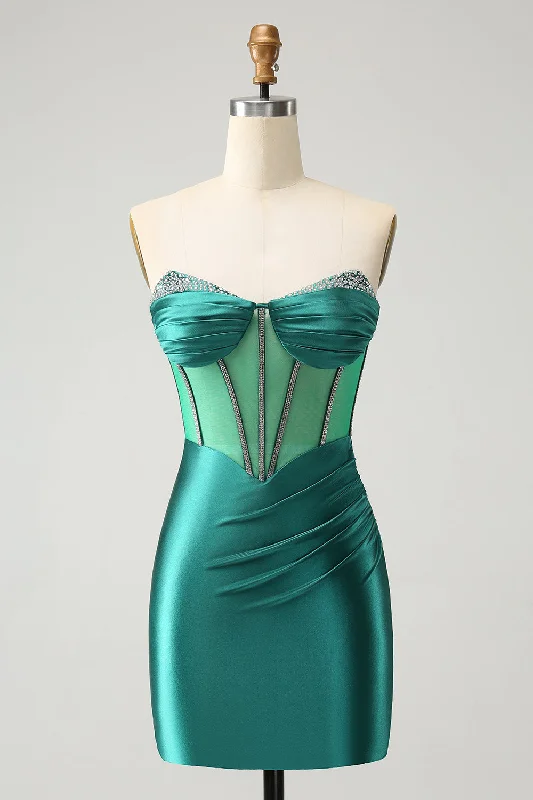 Mermaid - Style Women Dress with a Fitted Silhouette for Special OccasionsGlitter Dark Green Strapless Corset Tight Homecoming Dress with Beading