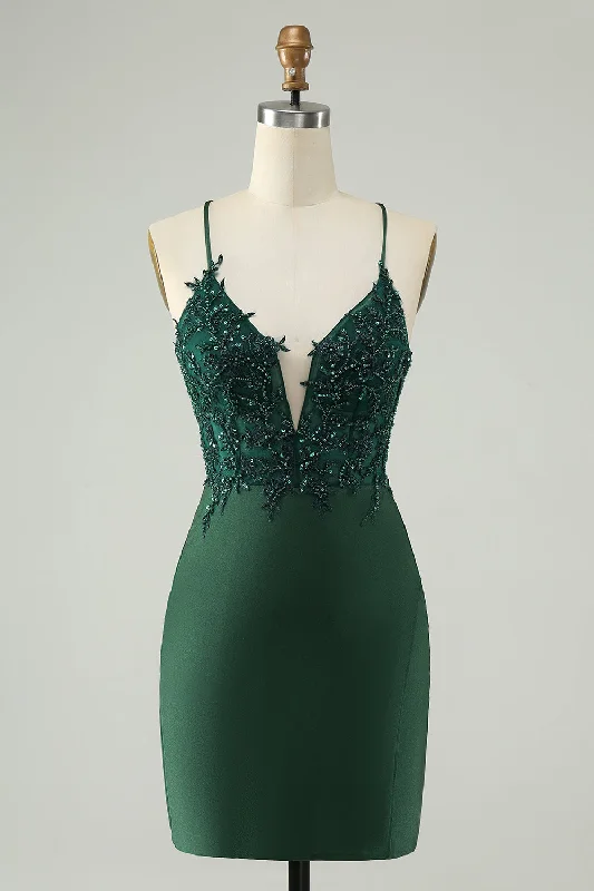 Lace - Embellished Women Dress for an Elegant and Sophisticated AppearanceGlitter Dark Green Tight V Neck Beaded Homecoming Dress