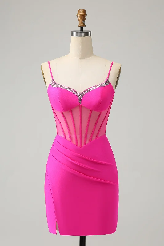 Mermaid - Style Women Dress with a Fitted Silhouette for Special OccasionsUnique Sparkly Fuchsia Beaded Tight Corset Short Homecoming Dress with Slit