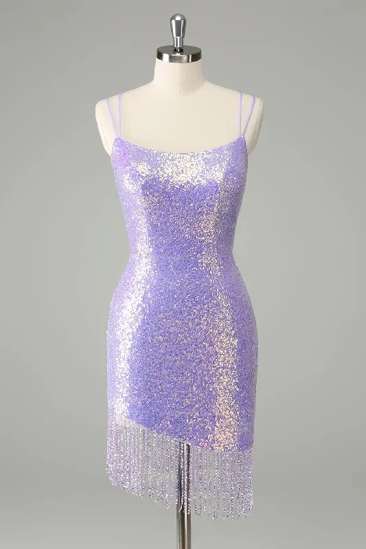 Sheath Women Dress with a Tailored Fit for a Professional LookUnique Sparkly Lilac Tight Sequins Short Homecoming Dress with Tassels